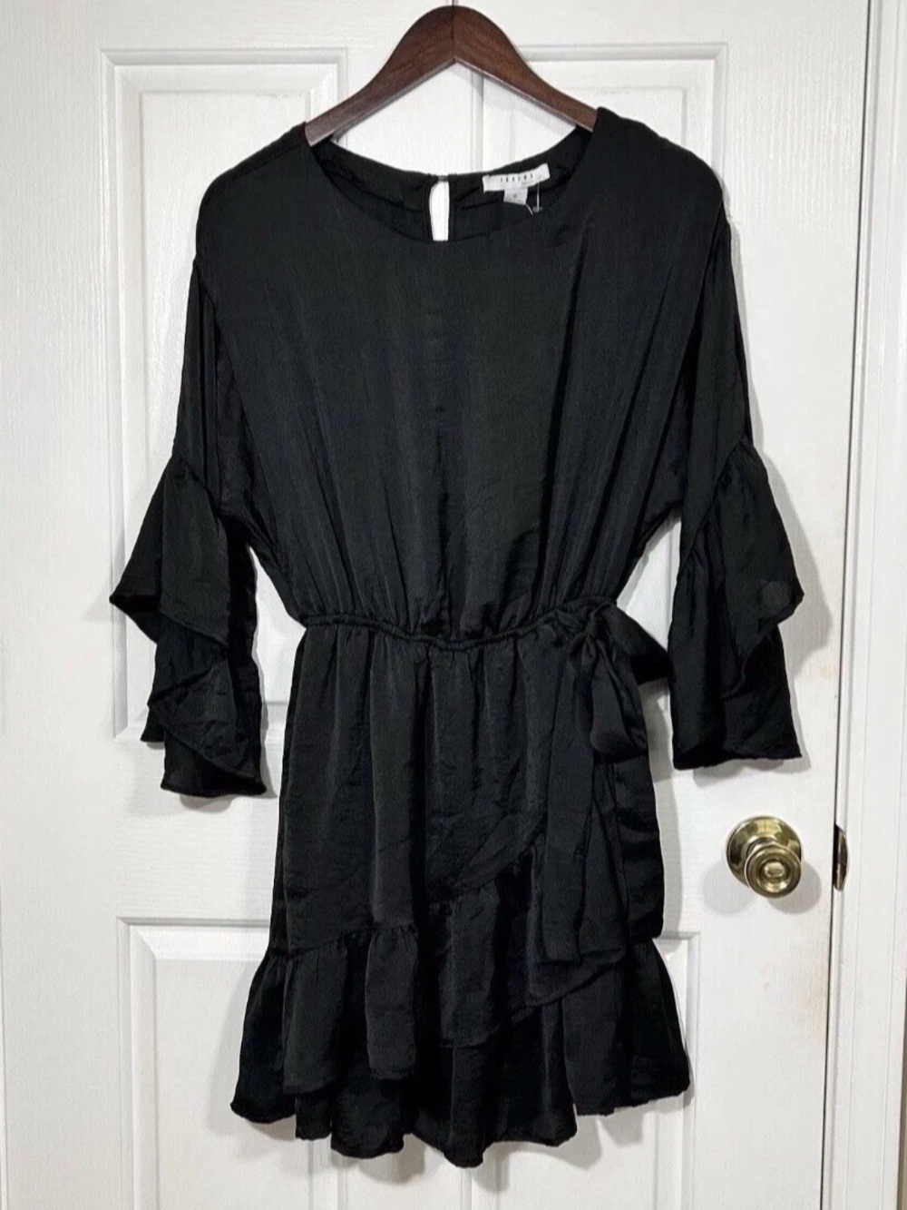 FAVLUX The Noir Belle Black Tiered Ruffle Sleeve Mini Wrap Dress Size Small S